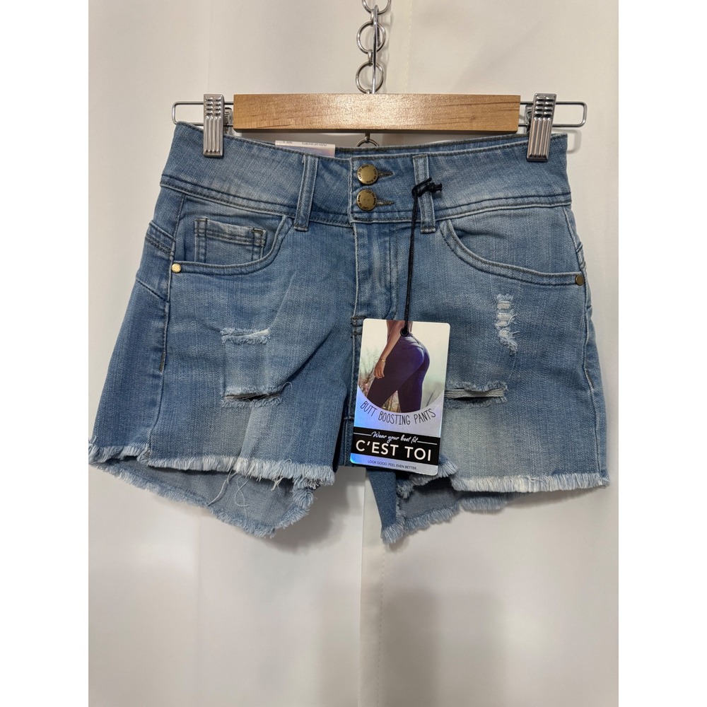C'est Toi Butt Boosting Magic Distressed Denim Shorts Light Wash Womens Small
